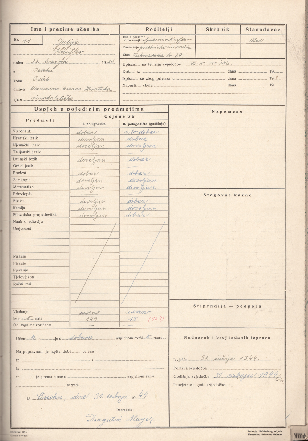 20. Julijeva posljednja gimnazijska školska godina u Osijeku. Glavni imenik I.-VIII. razreda za šk. godinu 1943/44., 8a razred.